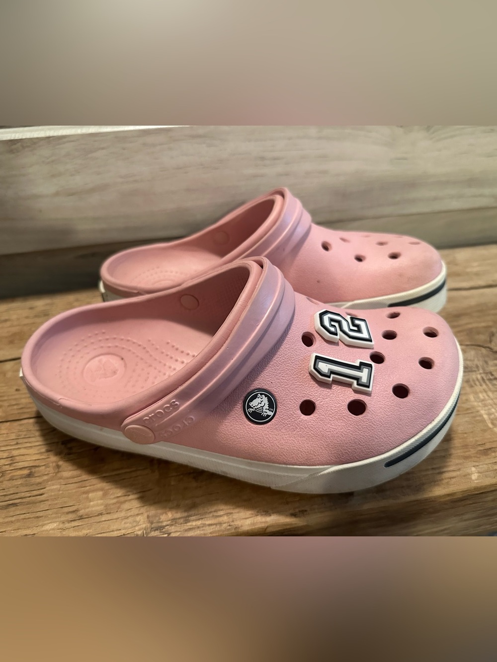 Pink Crocs with White and Navy blue accents